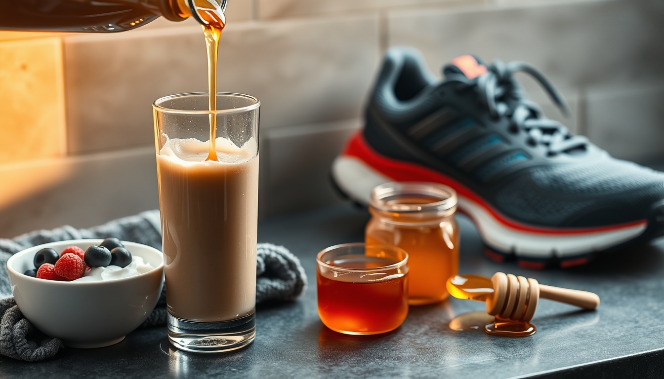 Post-workout recovery: protein shake with honey, Greek yogurt with berries, honey jar on gym towel beside running shoes