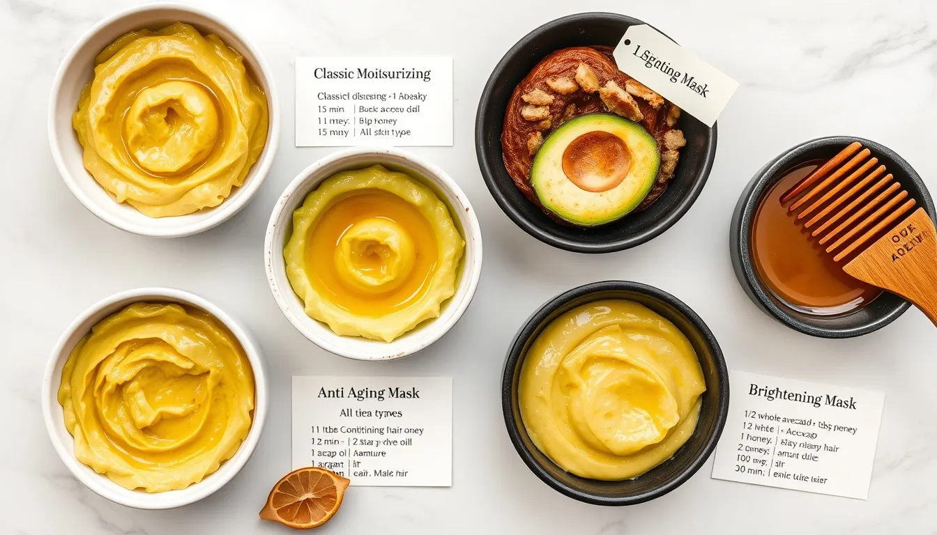 Six honey and avocado DIY recipes in ceramic ramekins — classic face mask, anti-aging mask, hair mask, brightening mask, oatmeal mask, and eye treatment with recipe cards on white marble