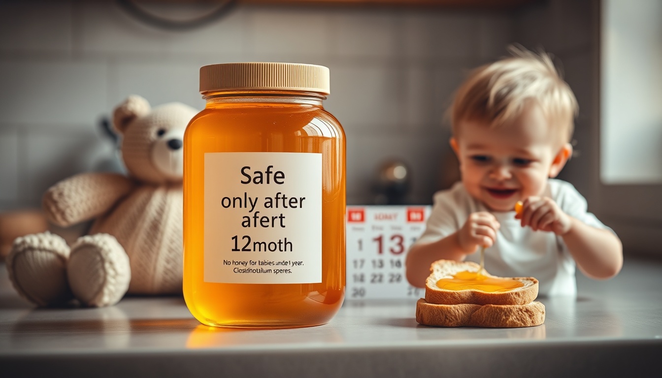 Honey safety education for babies: honey jar with clear 12-month age warning beside baby items, with pediatrician safety information cards