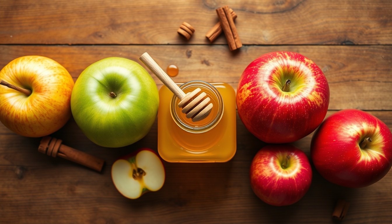 Five baking apple varieties side by side on a rustic wooden surface — Honeycrisp, Granny Smith, Braeburn, Pink Lady, and Fuji — with honey dippers and a honey jar
