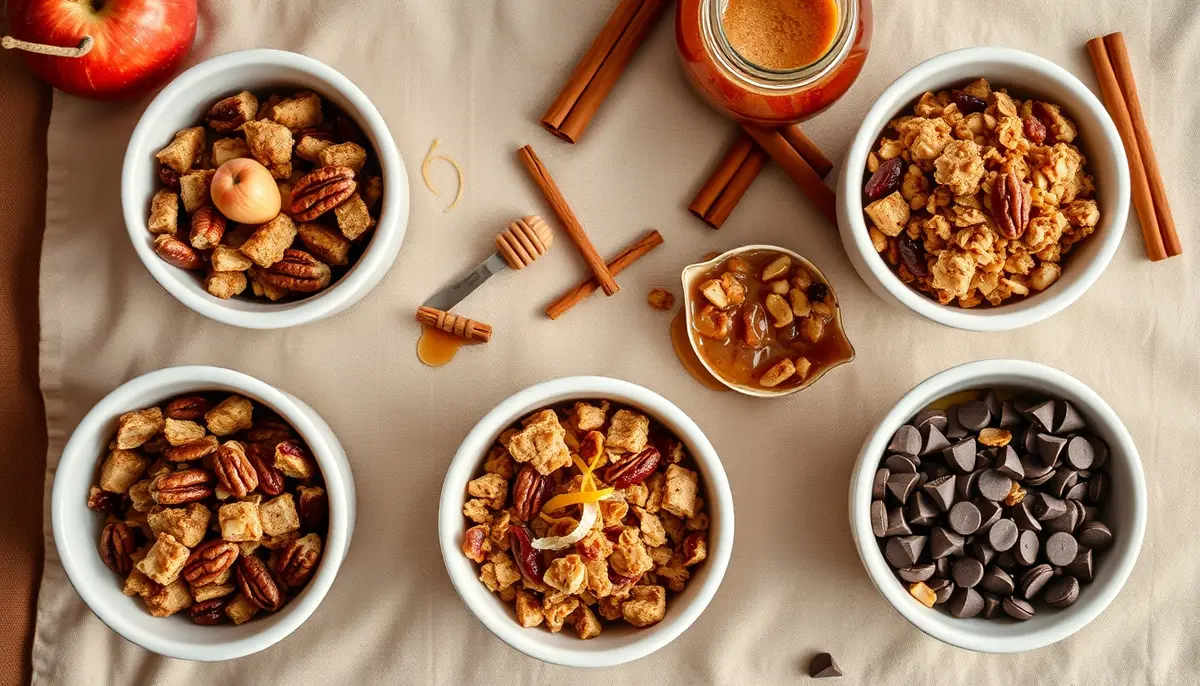 Five honey cinnamon baked apple topping variations in white ramekins — pecan pie style, cranberry walnut, granola crumble, maple cardamom, and chocolate drizzle