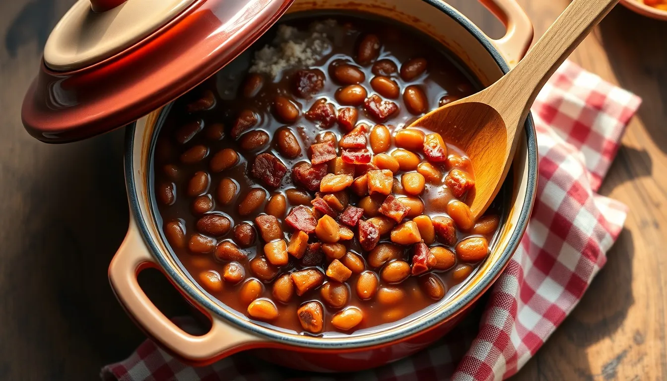 Glossy honey baked beans in an enameled Dutch oven with caramelized amber sauce and crispy bacon on top