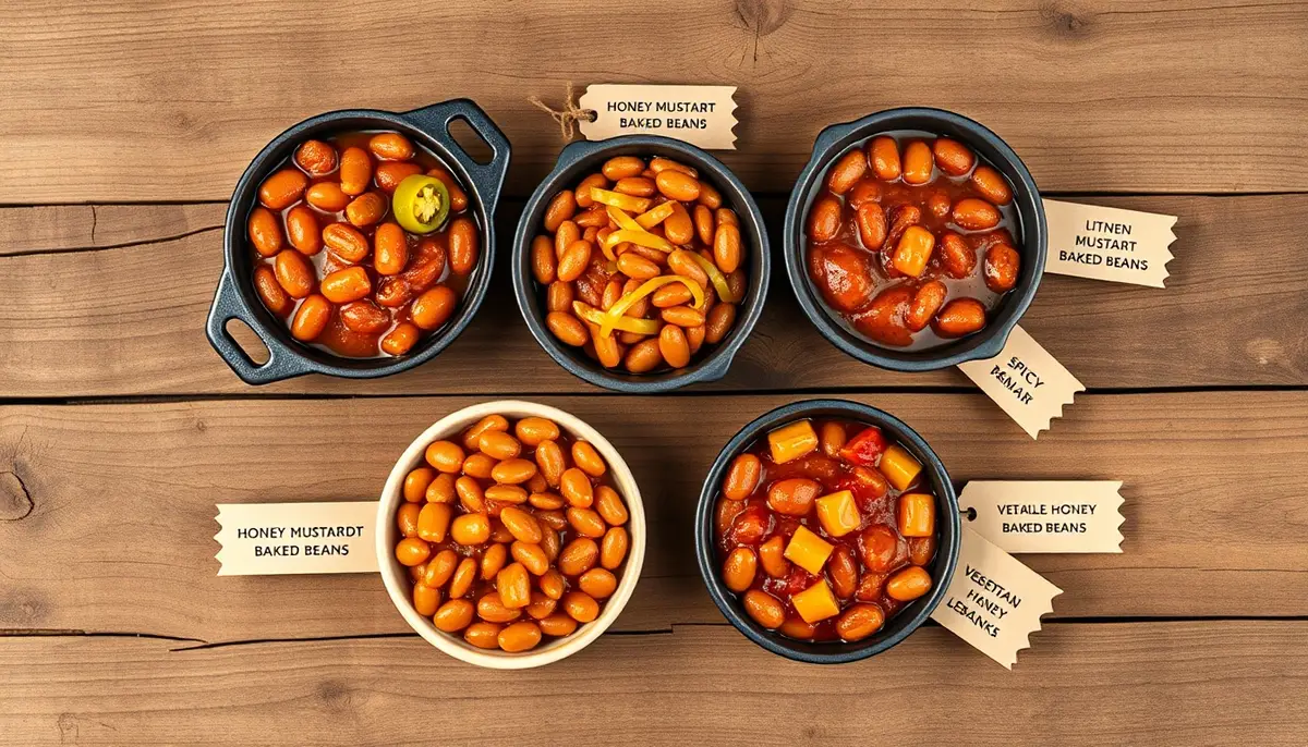 Five honey baked bean regional variations in small ramekins — honey BBQ, honey mustard, Boston style, spicy, and vegetarian
