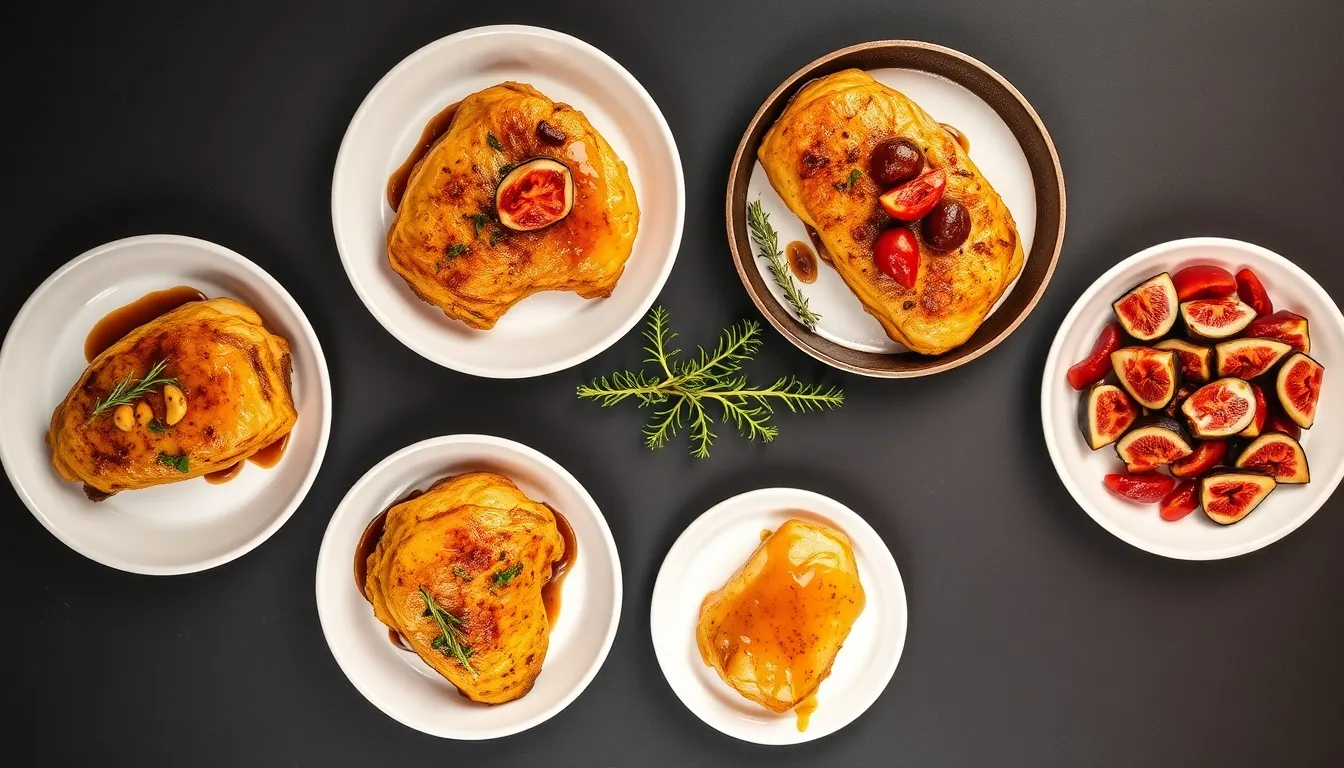 Five honey balsamic chicken variations: classic, roasted garlic, sun-dried tomato, fresh fig, and spicy honey on dark slate