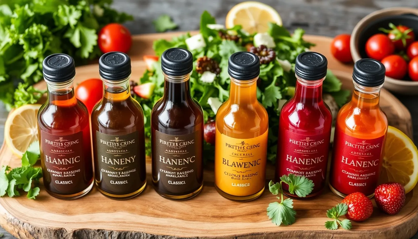 Six honey balsamic dressing variations in small glass bottles — classic, strawberry, herb, dijon, citrus orange, and raspberry — each a different hue from deep amber to ruby red, on rustic wooden board