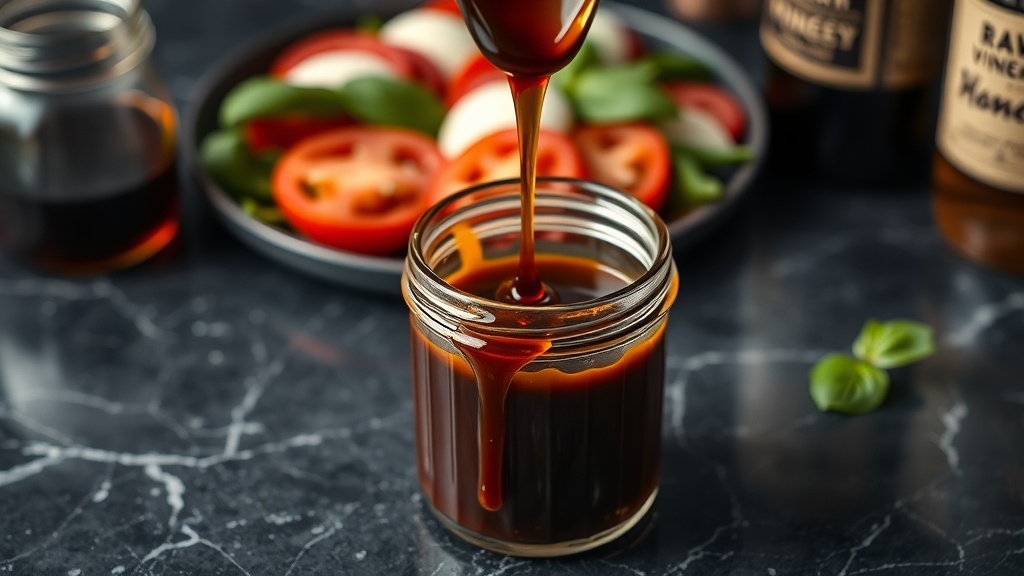 Jar of honey balsamic glaze beside fresh herbs, garlic, and balsamic vinegar bottle