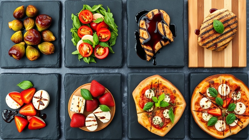 Honey balsamic glaze drizzled over roasted vegetables, caprese salad, and cheese board