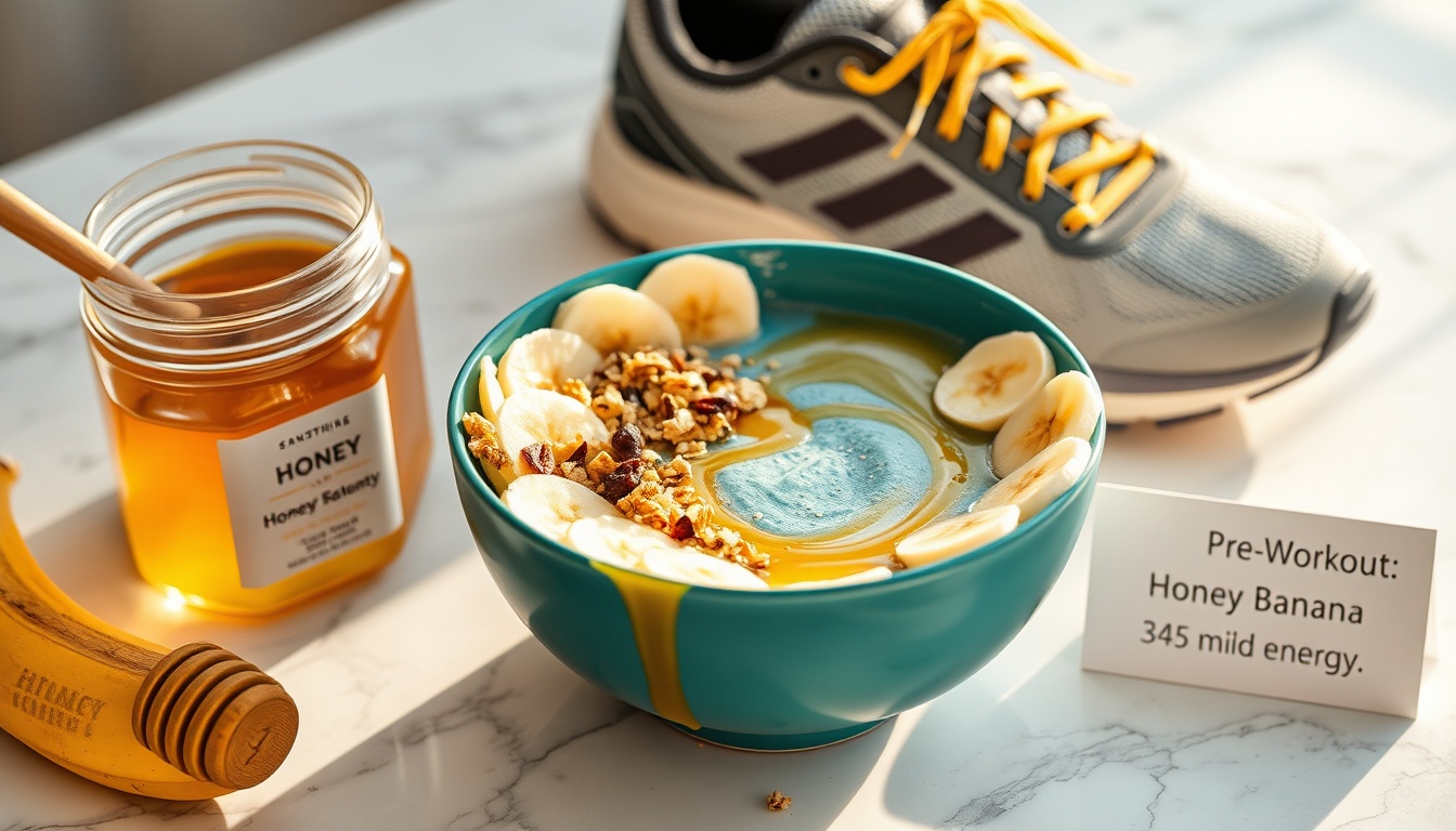 Honey banana energy smoothie bowl topped with honey drizzle, granola, and fresh banana slices for athletic performance