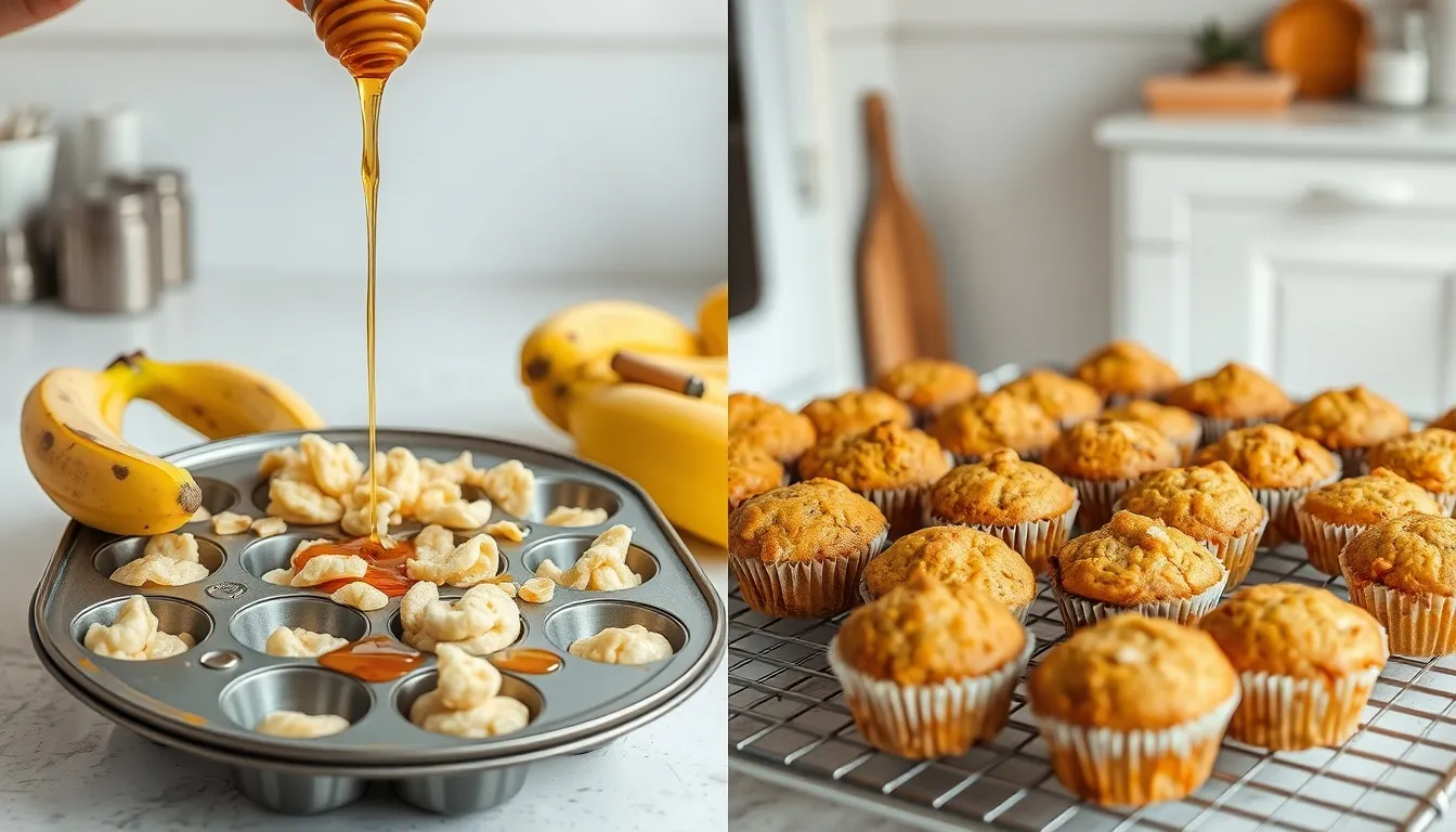 Overripe bananas mashed with golden honey, batter scooped into muffin tin, finished golden-topped muffins on wire rack