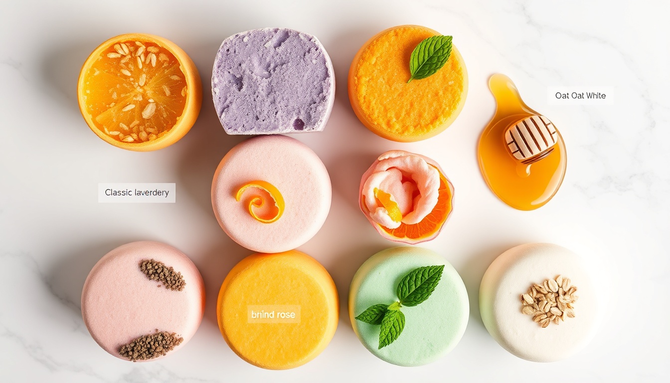 Overhead view of six homemade honey bath bombs in different colors — golden, purple, orange, pink, mint green, and cream — arranged on white marble with ingredient garnishes