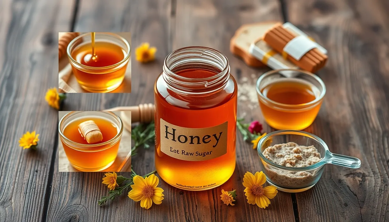 Five honey uses around central jar: drizzled tea, spread bread, wound bandage, baking cup, oatmeal bowl on wood