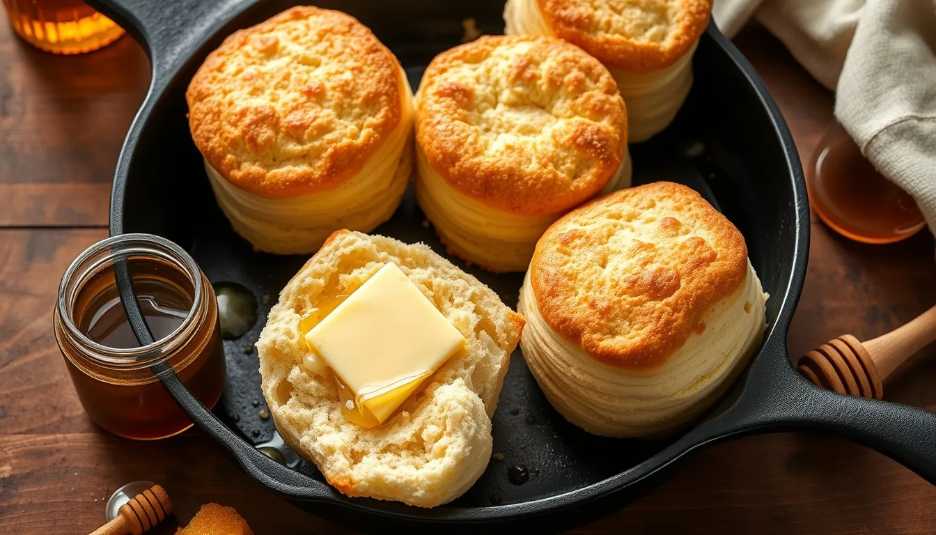 Freshly baked honey buttermilk biscuits in a cast iron skillet with honey butter melting over the split biscuit
