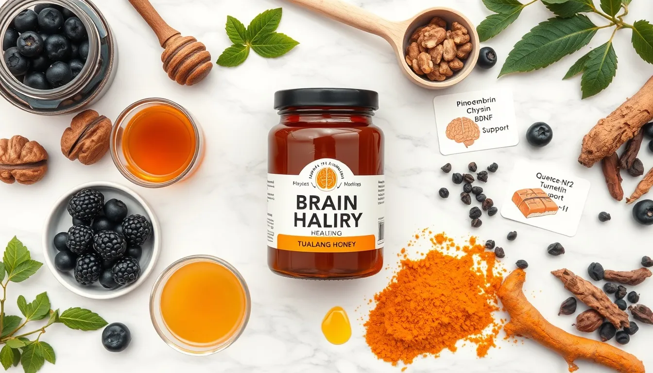 Tualang honey with brain foods: walnuts, blueberries, chocolate, tea, turmeric, pinocembrin, chrysin, quercetin on marble