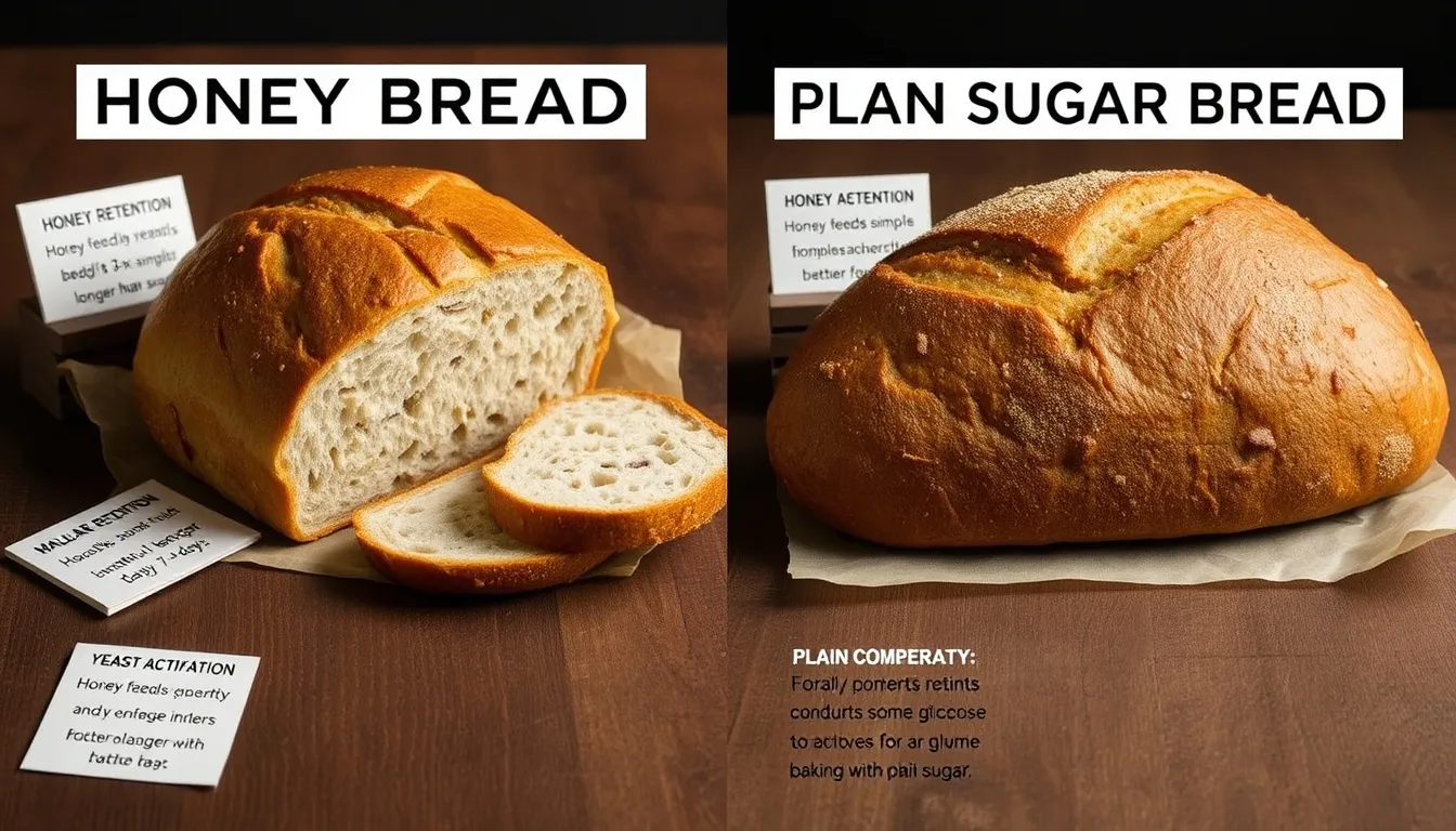 Side-by-side comparison of honey bread vs sugar bread: honey bread shows deeper golden crust, moister crumb, and more color complexity than the paler sugar-sweetened loaf