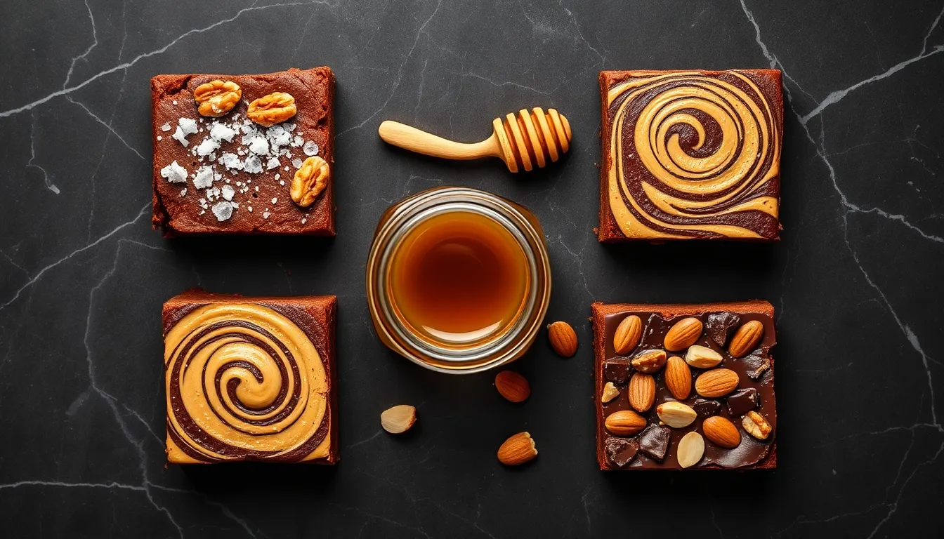 Four honey brownie mix-in variations: sea salt walnut, peanut butter swirl, espresso chocolate chunk, and orange zest almond on dark marble