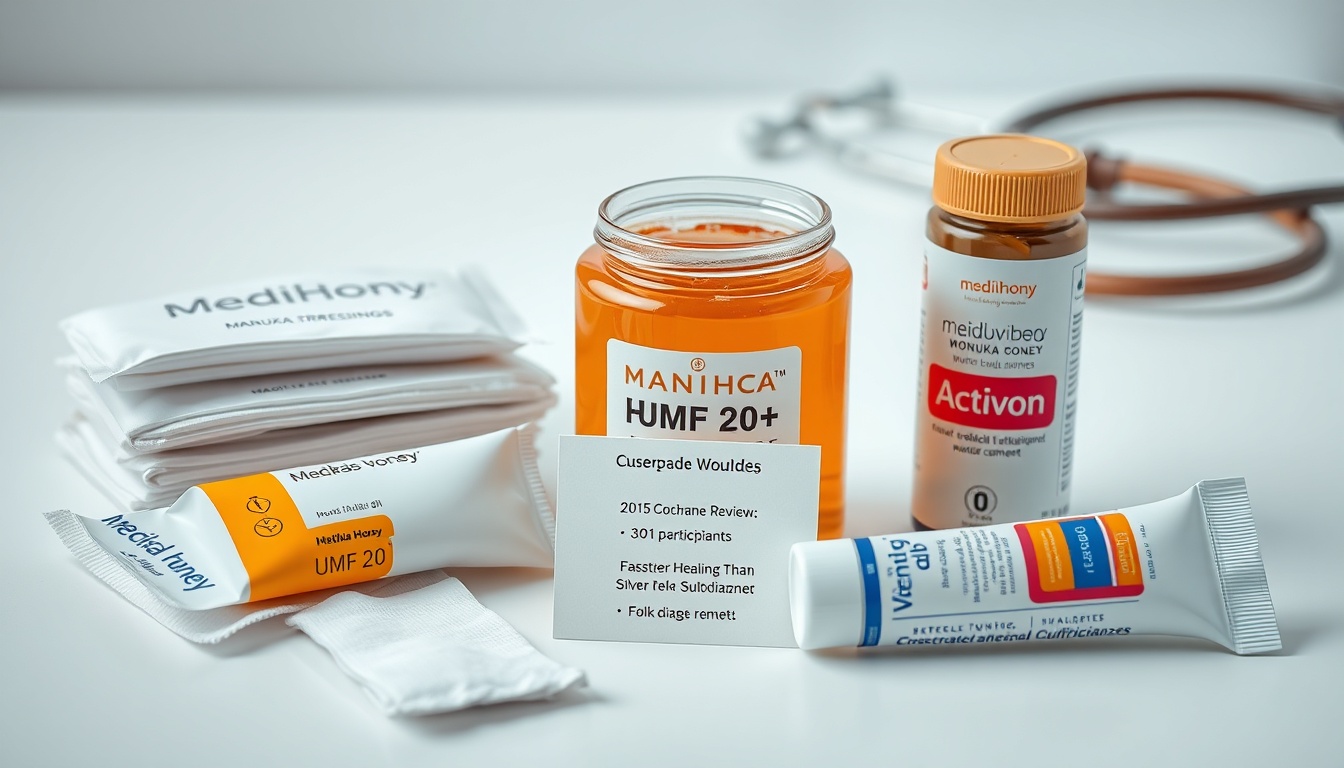 Medical-grade Manuka honey burn care products on clean clinical surface — Medihoney wound gel, sterile gauze dressings, and clinical burn treatment supplies showing evidence-based honey wound care