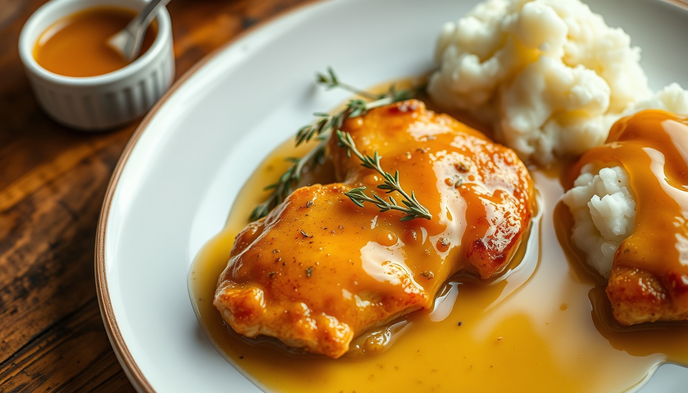 Honey butter chicken on white ceramic plate with golden-amber glaze, fresh thyme, and mashed potatoes