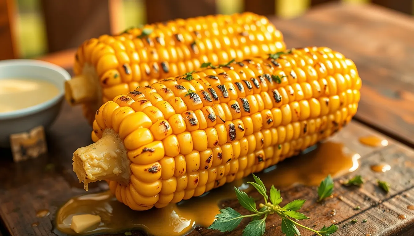 Perfectly grilled corn on the cob with honey butter glaze on an outdoor grill — char marks on golden yellow corn with melted honey butter dripping down the sides and fresh herbs sprinkled on top