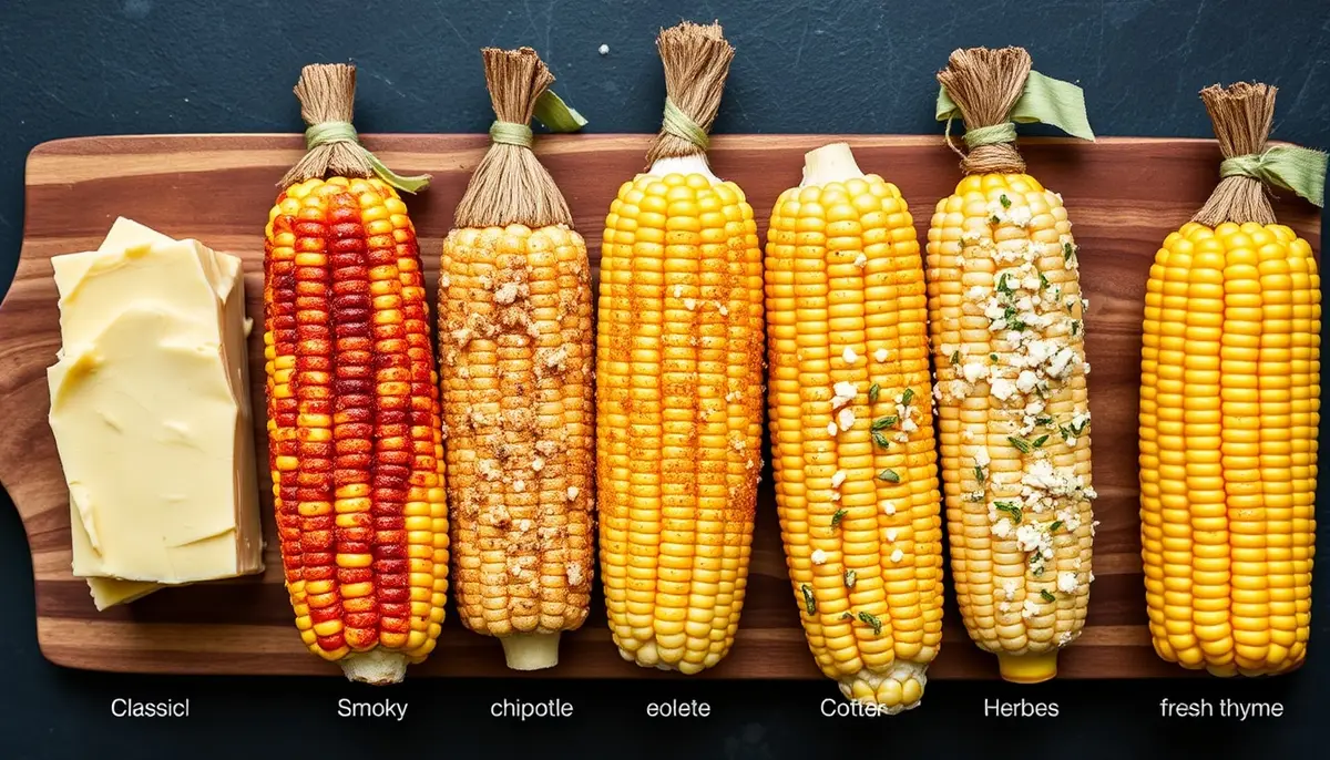 Five seasoned honey butter corn variations on a wooden board — classic honey butter, smoky chipotle honey, parmesan garlic honey, elote-style with cotija, and herbed honey with fresh thyme
