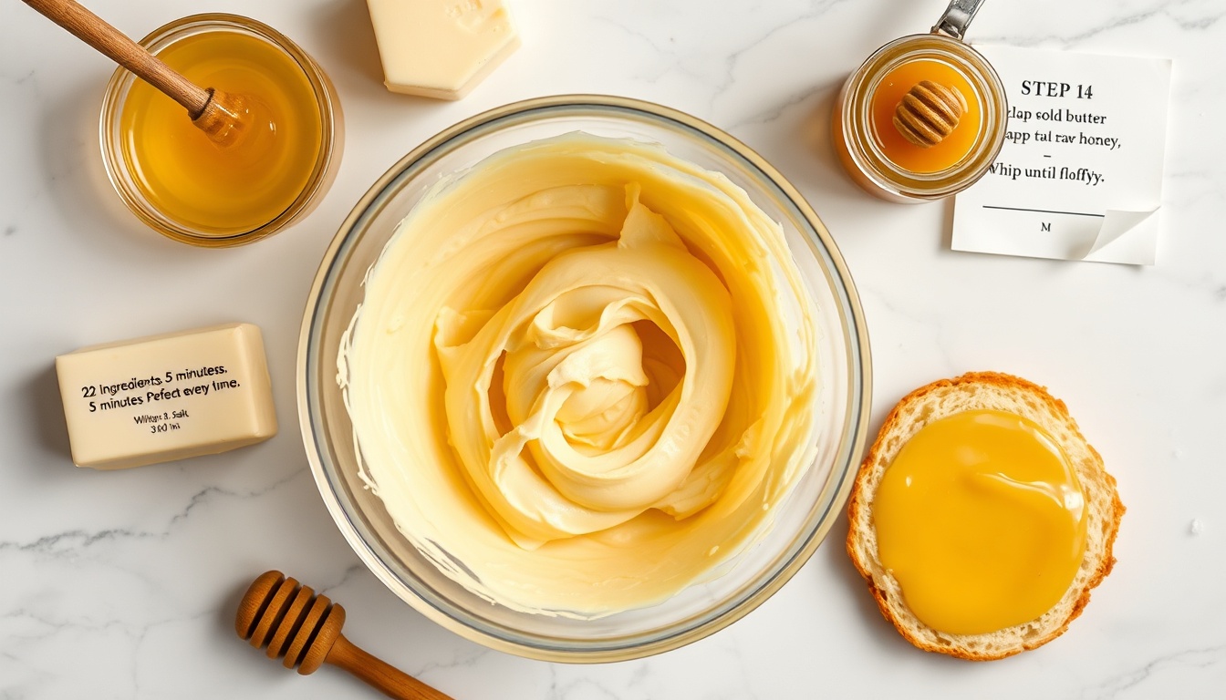 Homemade honey butter making process flat lay: whipped honey butter in mixing bowl, raw honey jar with dipper, warm biscuit with melting butter on white marble