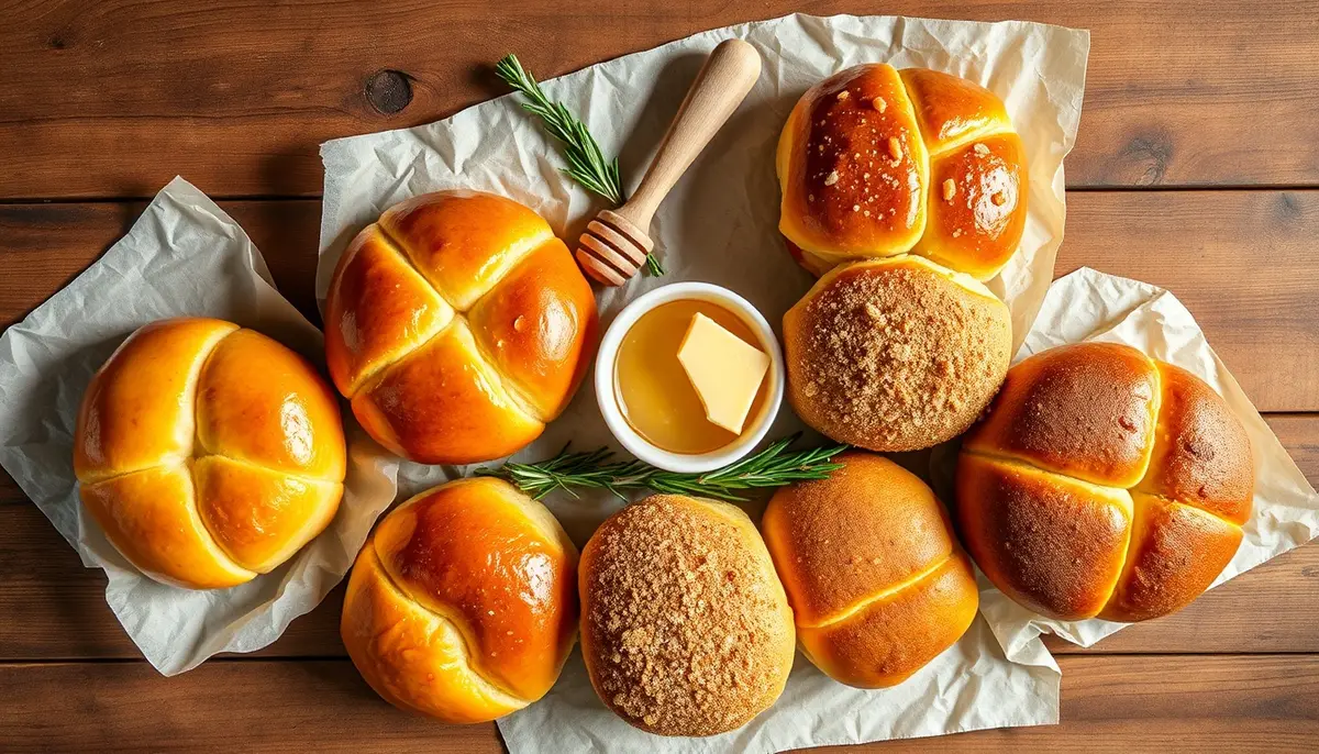 Five honey butter roll variations including garlic parmesan, cinnamon sugar, pull-apart round pan, slider buns, and whole wheat honey rolls