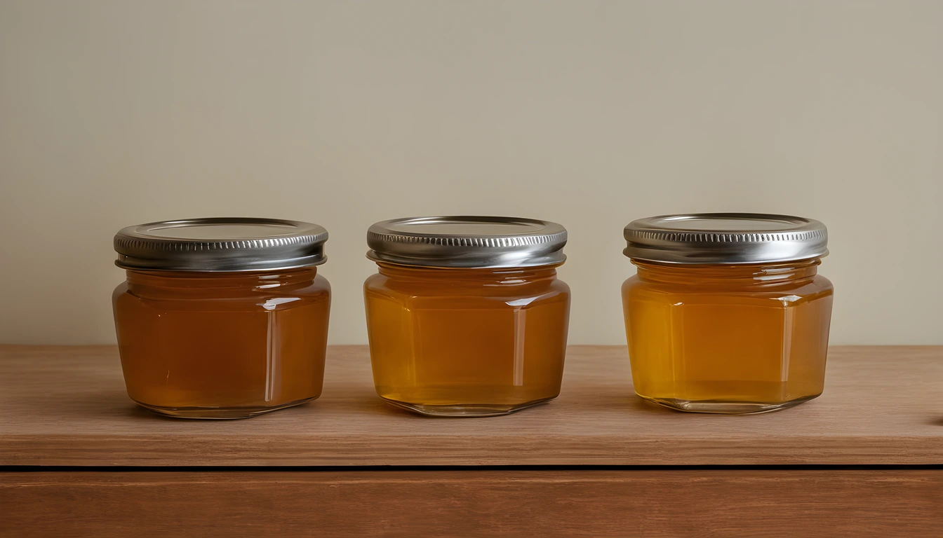 Three sealed glass jars of amber honey on a wooden cabinet shelf against a plain cream wall