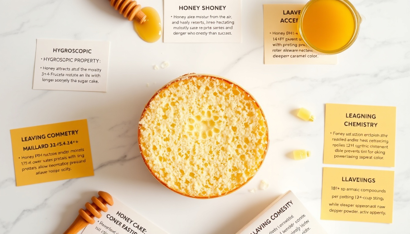 Honey cake science flat lay on white marble: sliced golden moist cake cross-section surrounded by science cards explaining hygroscopic moisture retention, Maillard reaction, acidity pH, and flavor complexity