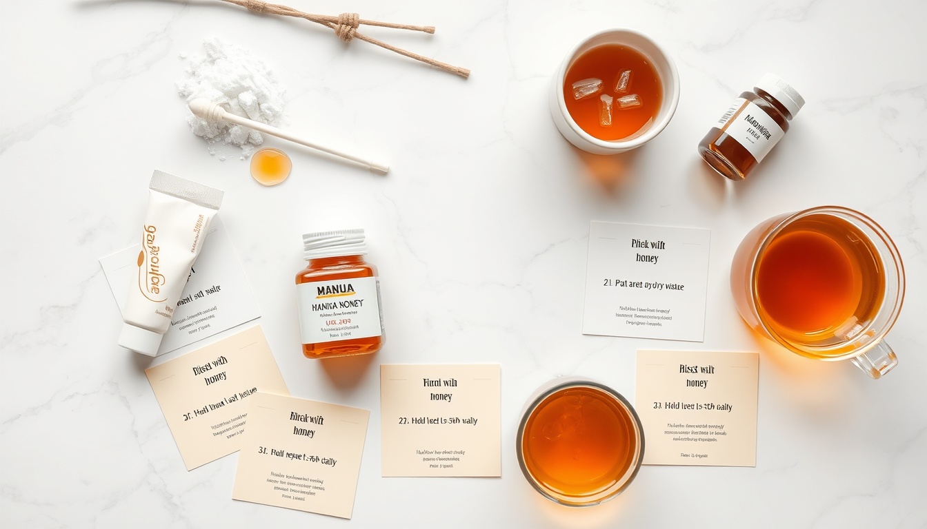 Canker sore care kit on white marble: Manuka honey, cotton swabs, salt rinse, lysine, chamomile tea with instruction cards