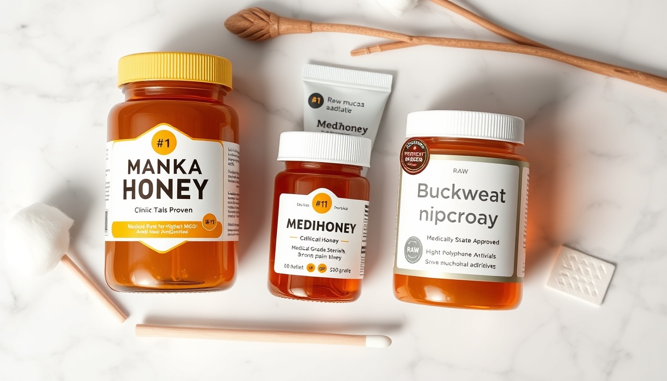 Manuka UMF 20+, Medihoney, and buckwheat honey for canker sore treatment on white marble with cotton swab applicators