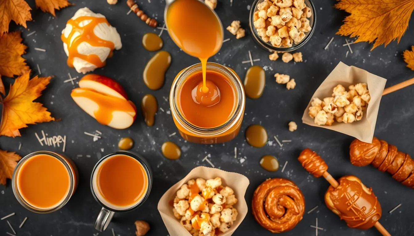 Overhead flat lay showing eight uses of golden honey caramel sauce: ice cream, apple slices, cheesecake, latte, popcorn, sticky bun, caramel apple, and pretzel on dark marble