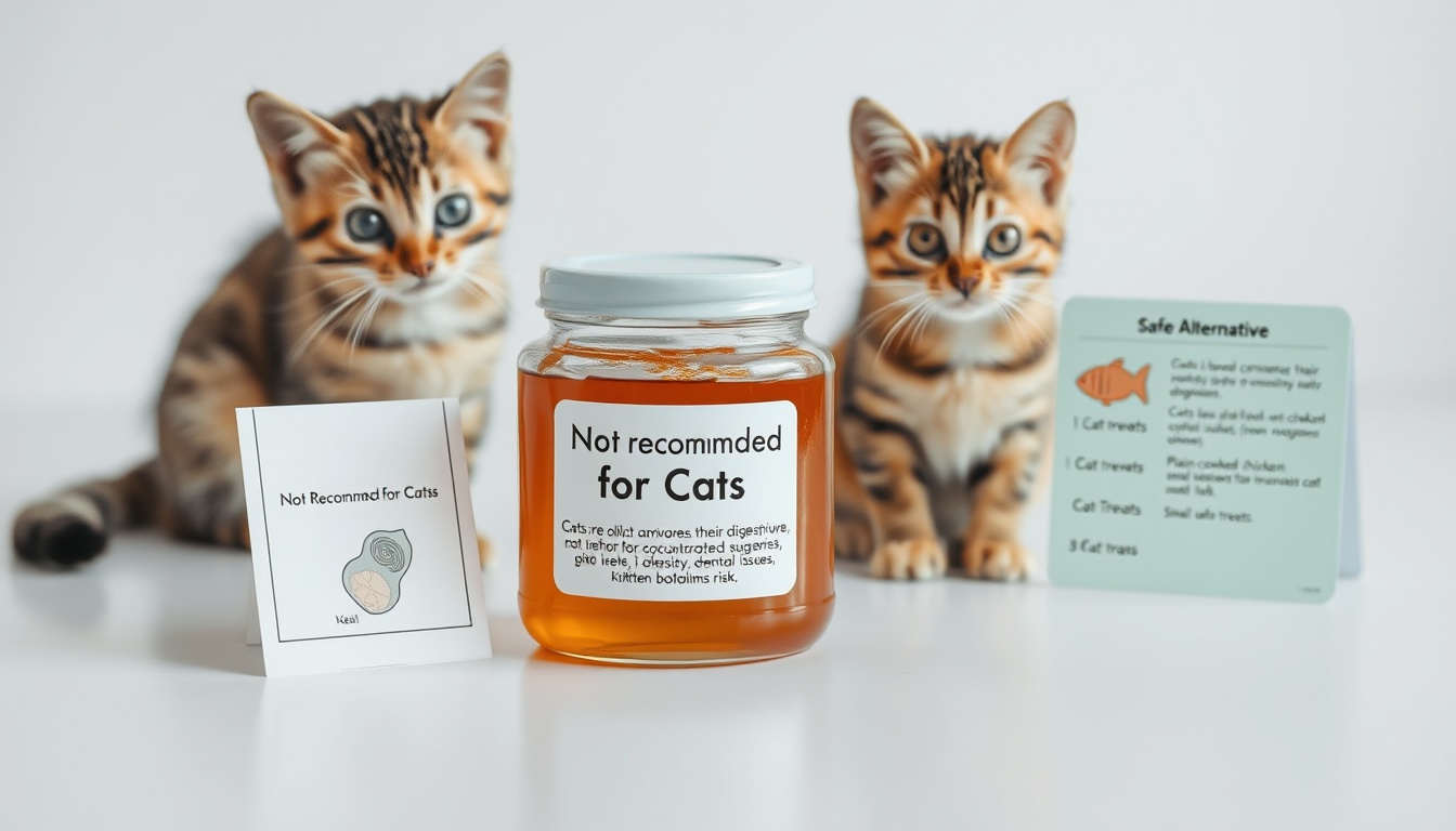 Honey and cats safety guide: honey jar with advisory card beside a calm tabby cat, showing safe alternatives including cat treats, plain cooked chicken, fish oil, and catnip