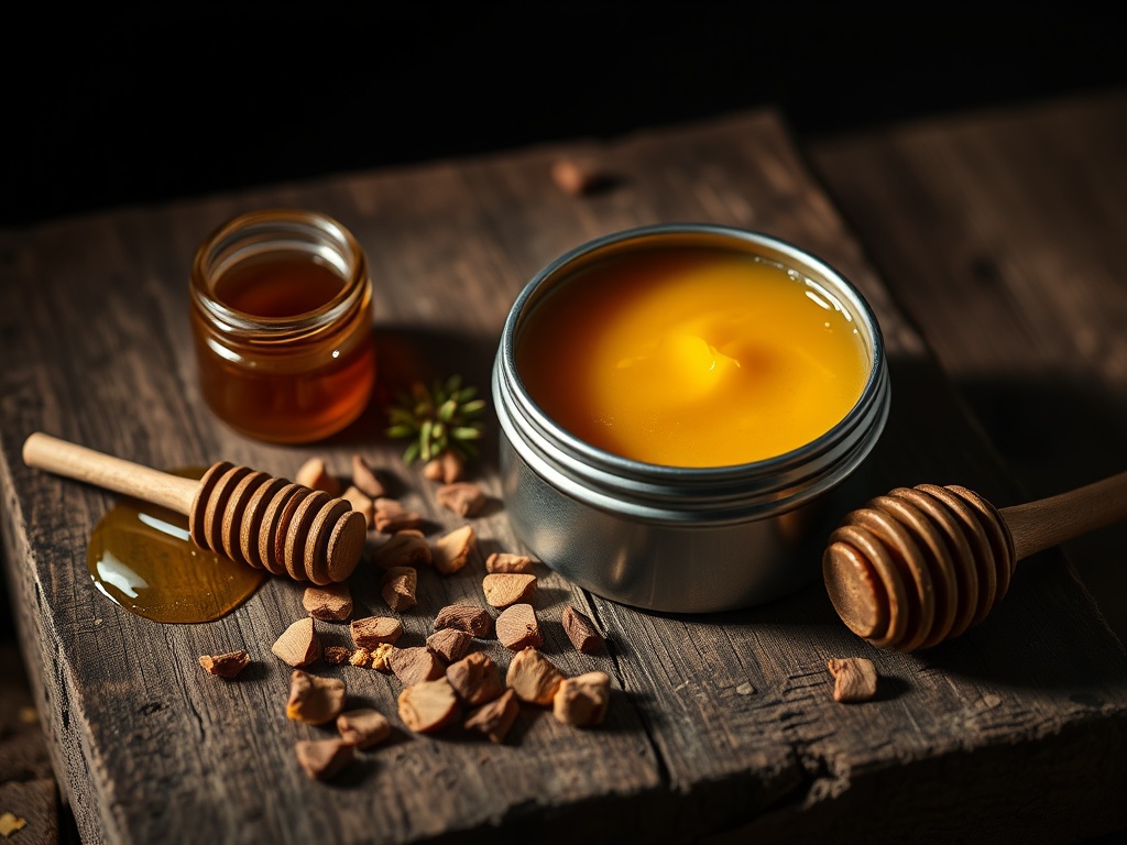 Honey cedar beard balm in a metal tin surrounded by cedarwood chips, raw honeycomb, and pine sprigs on a rustic wooden surface