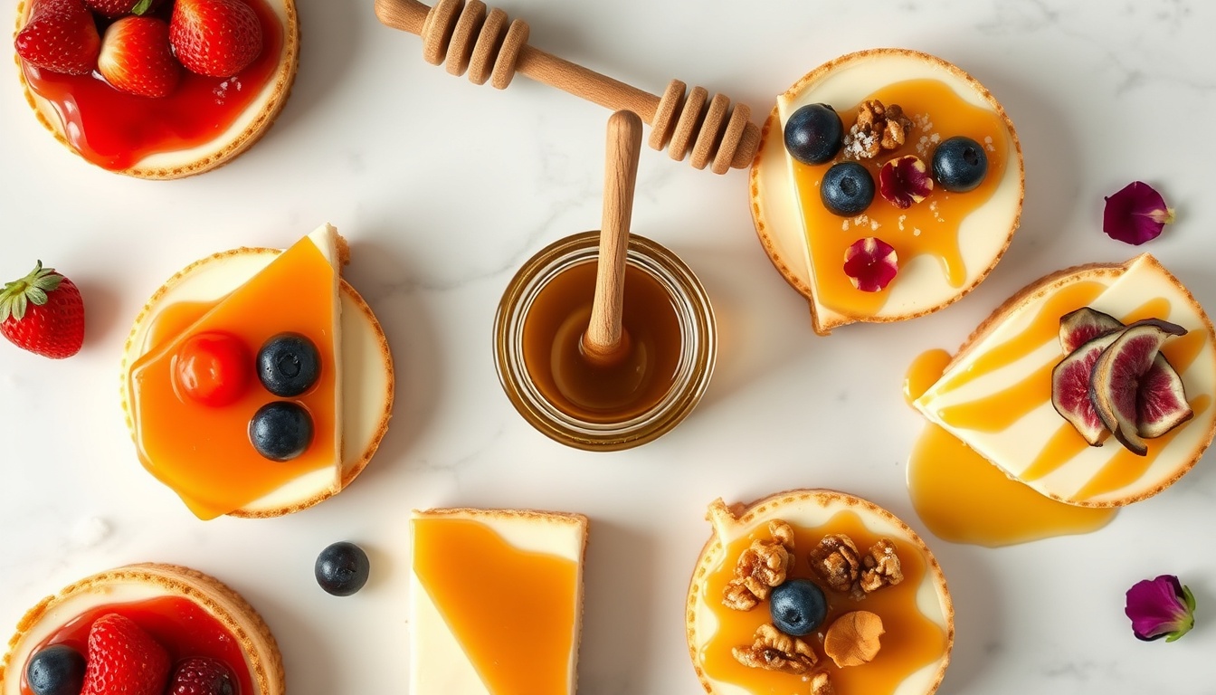 Overhead flat lay of five honey cheesecake topping variations on white marble: fresh strawberry glaze, blueberry compote, salted caramel drizzle, honey walnut fig, and raw honey with wildflower petals