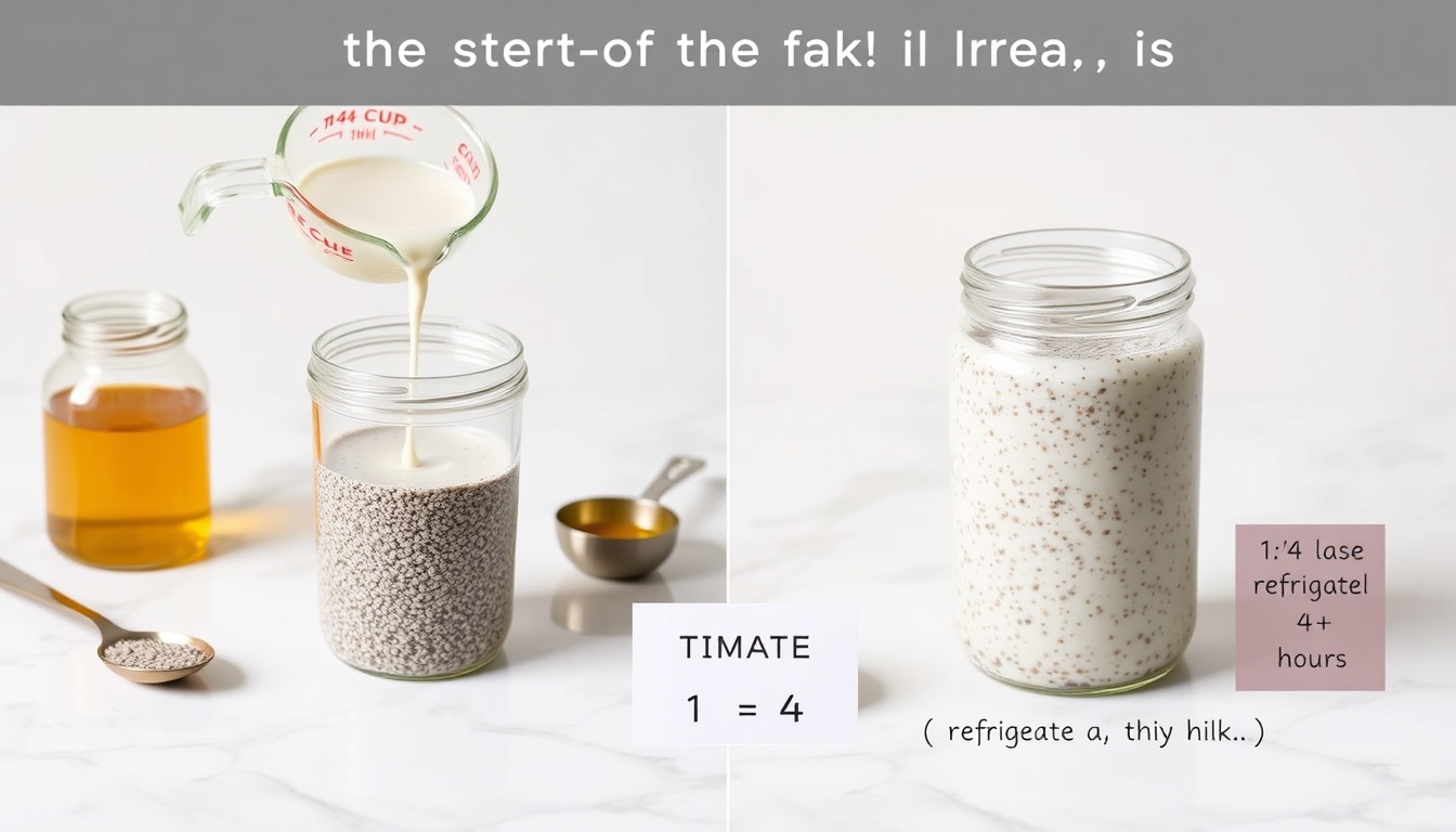Chia pudding ratio comparison: fresh liquid mixture vs fully set thick pudding in glass jars with honey and oat milk on white marble