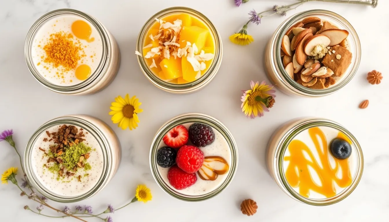 Six honey chia pudding flavor variations in glass jars: classic vanilla, mango coconut, chocolate, matcha, berry, and peanut butter honey