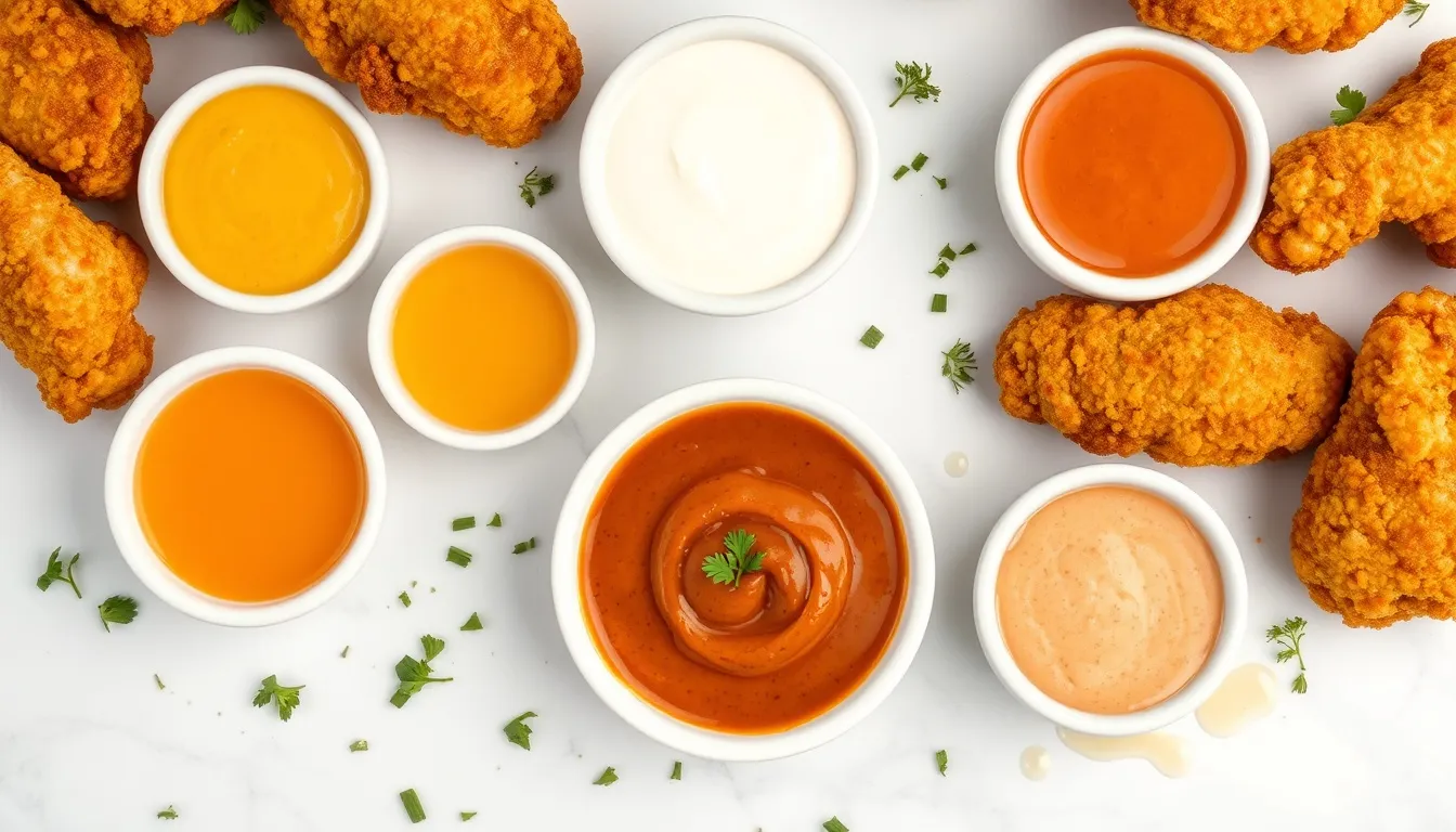 Five honey dipping sauces in small white ceramic bowls arranged around golden crispy chicken tenders — honey mustard, honey sriracha, honey garlic aioli, honey barbecue, and honey ranch