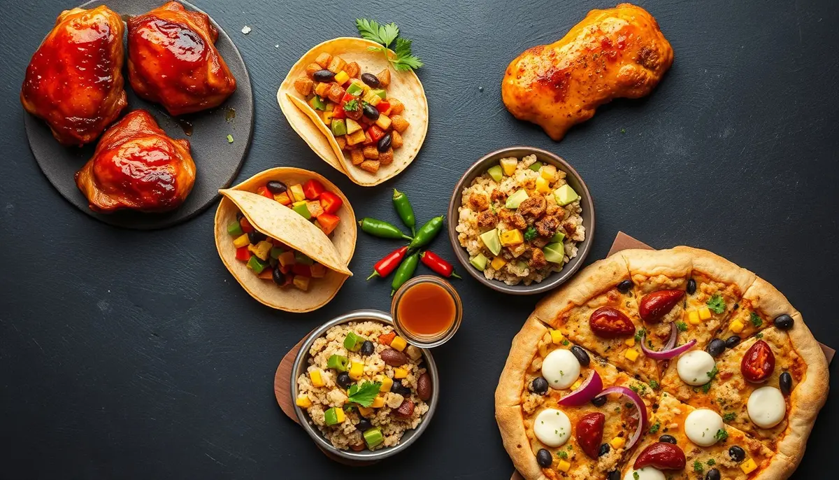 Four honey chipotle chicken variations: classic thighs, tacos, bowl with rice and avocado, and pizza on dark slate