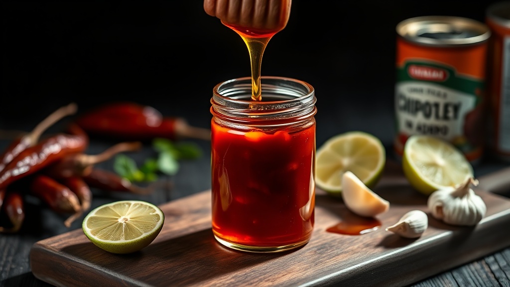 Honey chipotle sauce in a glass jar with raw amber honey being drizzled in, dried chipotle peppers and lime halves alongside on a dark wooden board