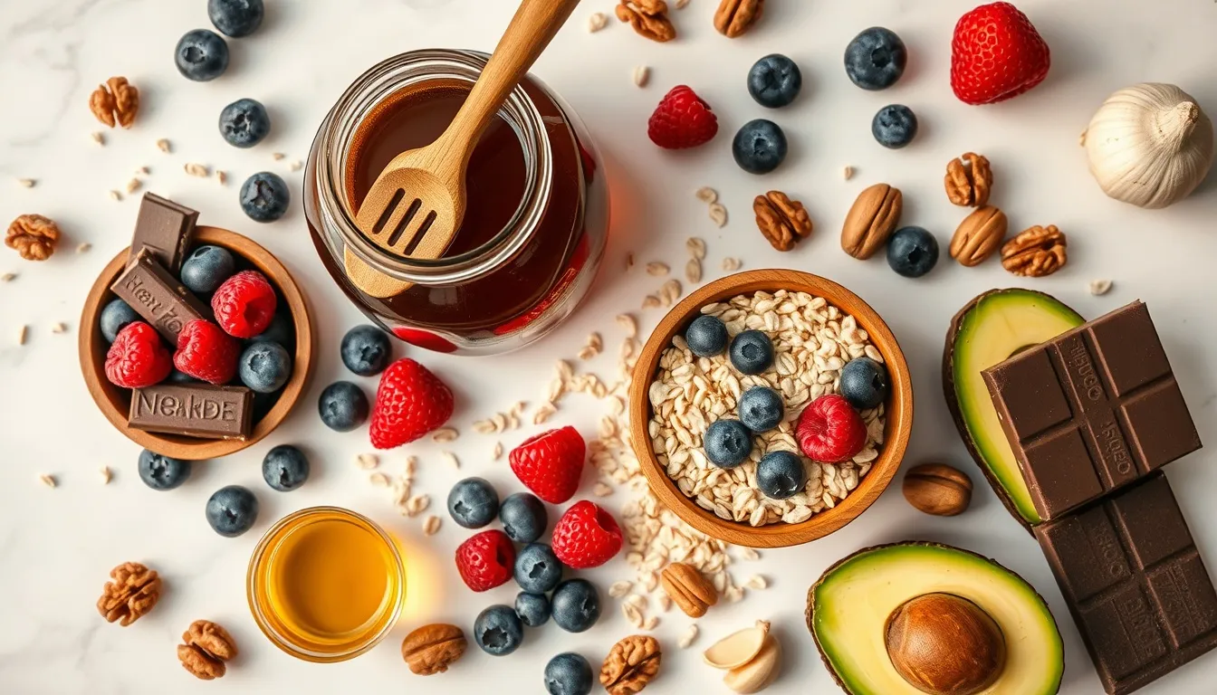 Heart-healthy foods flat lay with dark buckwheat honey, oats, berries, and cardiovascular wellness ingredients
