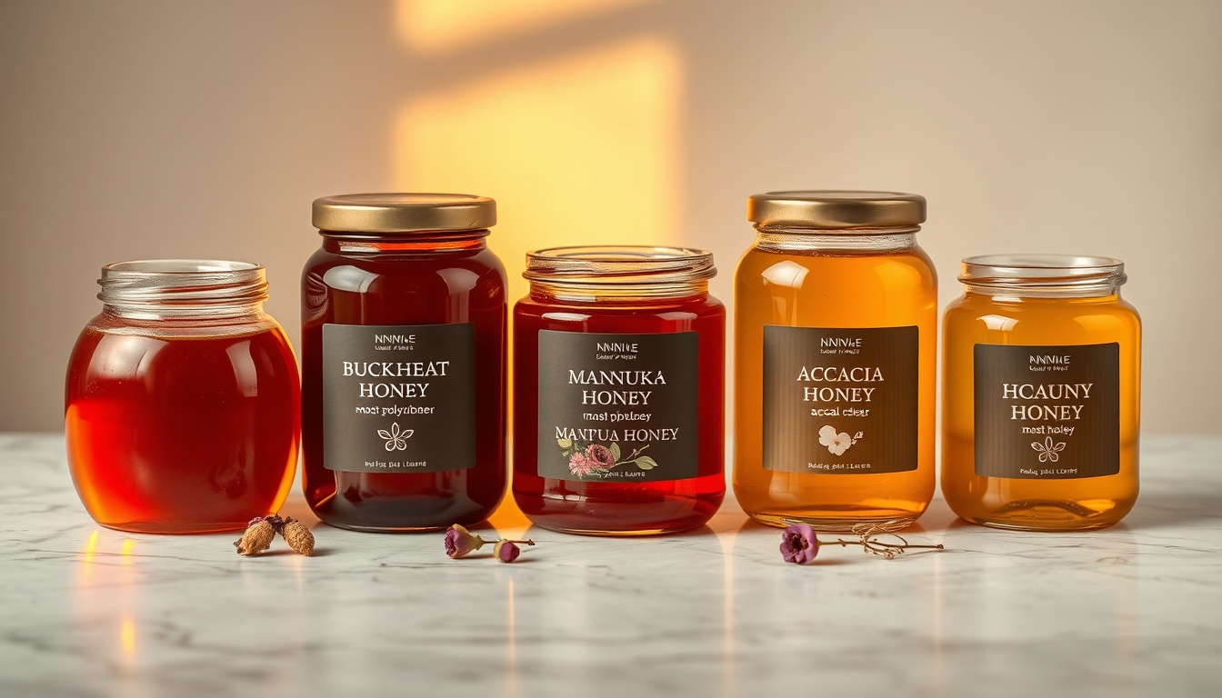Five honey varieties ranked for cardiovascular benefit from darkest buckwheat to lightest acacia, backlit on marble