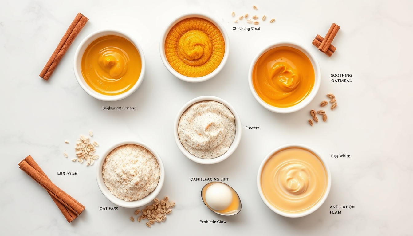 Five honey cinnamon face mask variations in small white ceramic bowls on white marble: classic acne-fighting, brightening turmeric, soothing oatmeal, anti-aging egg white, and probiotic yogurt glow masks