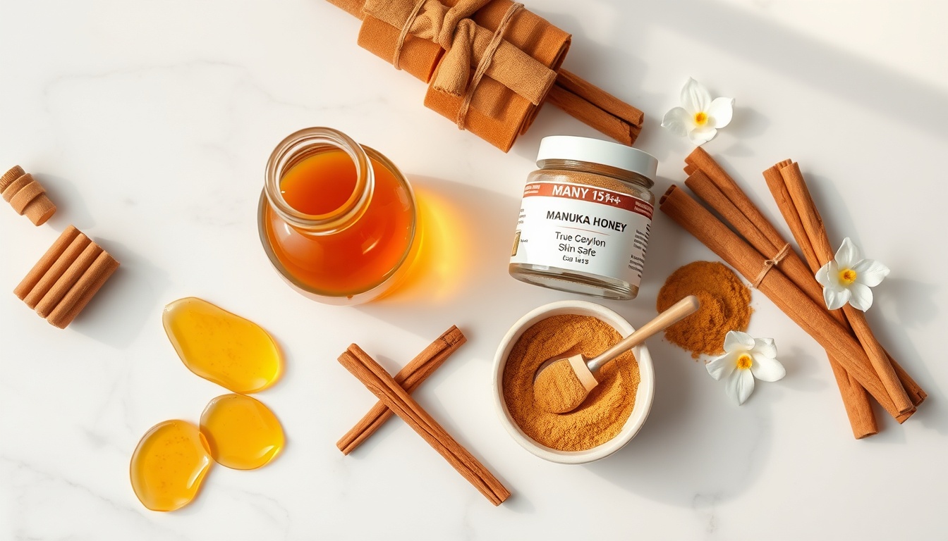 Honey and cinnamon face mask ingredient guide: raw Manuka honey jar with honeycomb, Ceylon cinnamon sticks (recommended) vs cassia cinnamon powder, ceramic mixing bowl, brush applicator on white marble