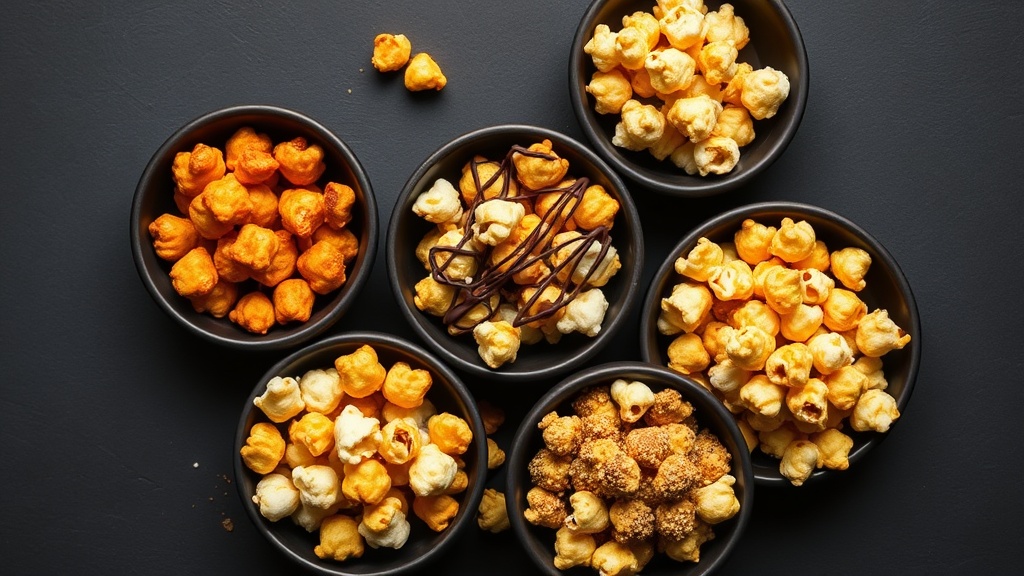 Five honey popcorn bowls on dark slate: chili-spice, dark chocolate, peanut butter, citrus zest, everything bagel seeds