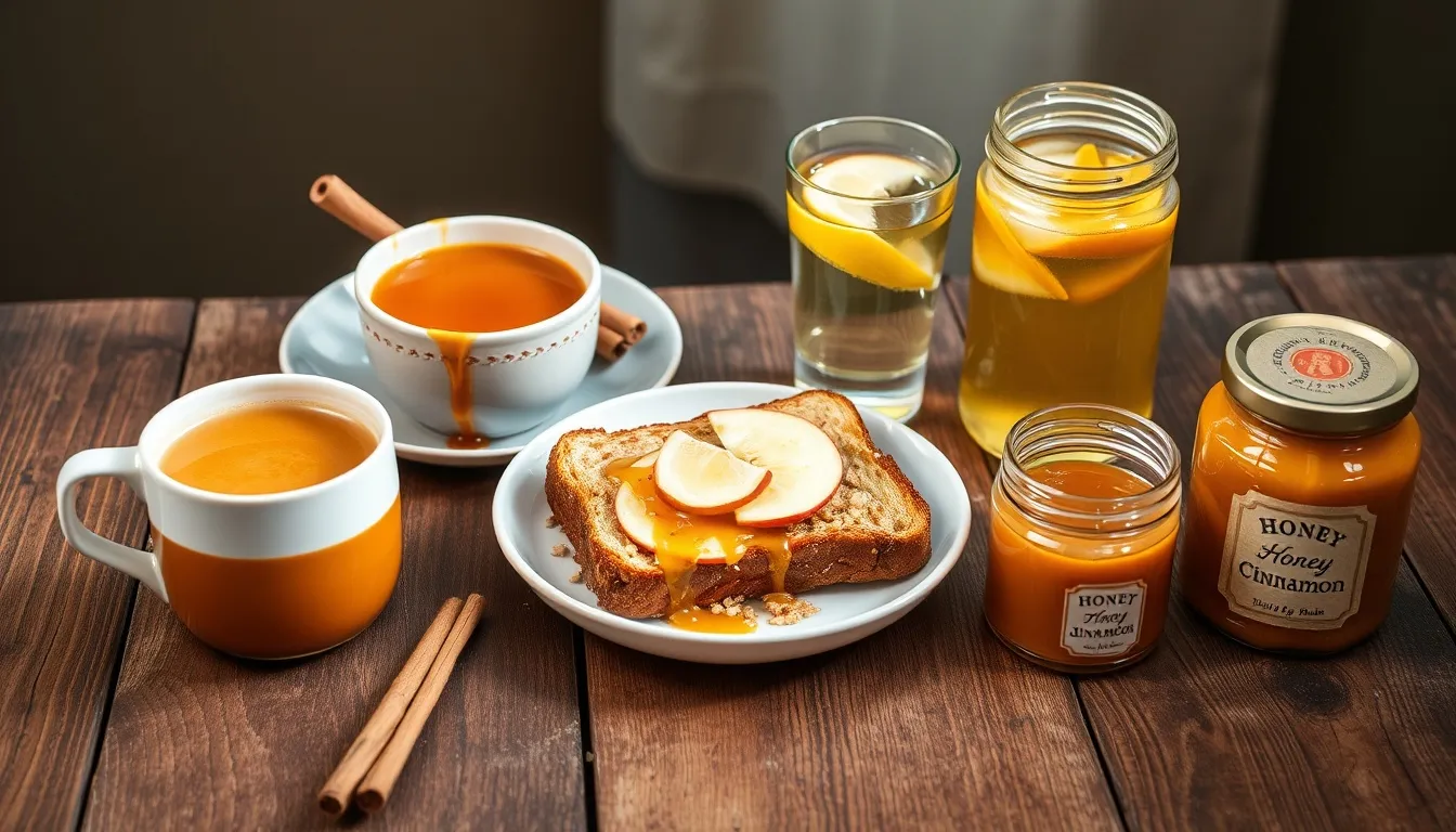 Five honey-cinnamon preparations: golden latte, cinnamon toast, oatmeal, lemon water, and honey-cinnamon butter