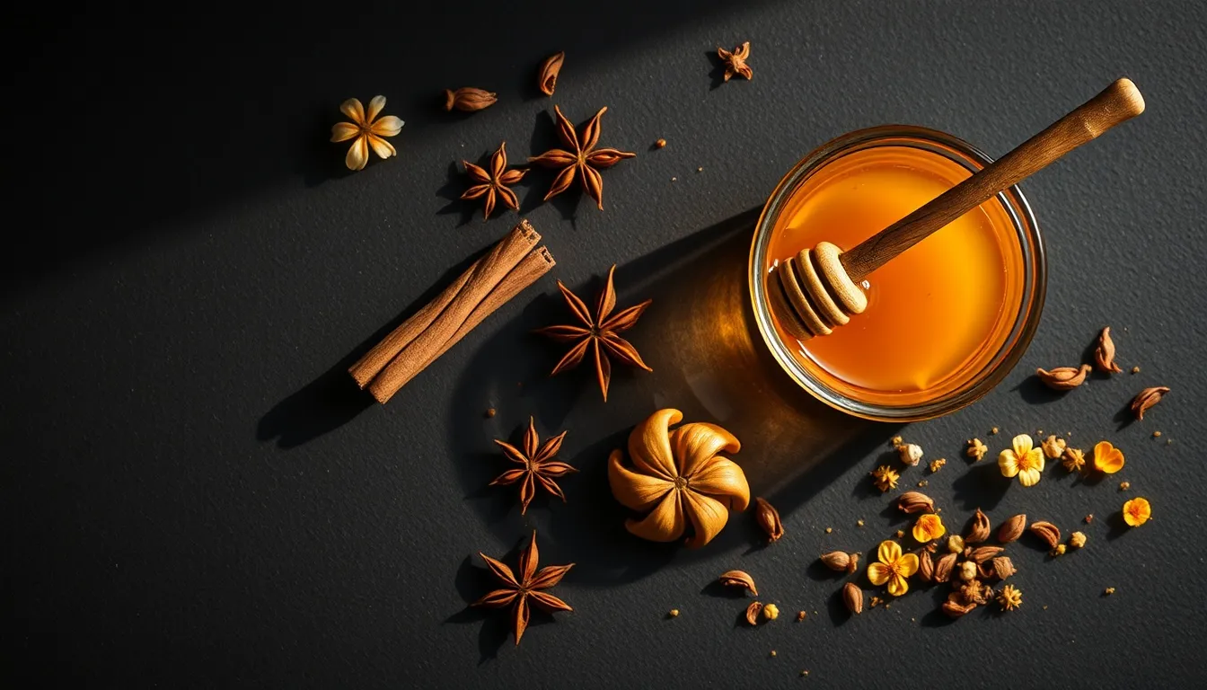 Dark slate still life: golden honey, Ceylon cinnamon sticks, star anise, cardamom pods, and turmeric root