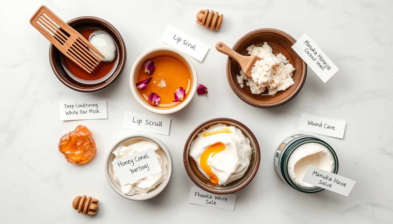 Five DIY honey and coconut oil recipes in small ceramic ramekins: deep conditioning hair mask, moisturizing face mask, lip scrub, body butter, and after-sun skin soother with handwritten recipe cards