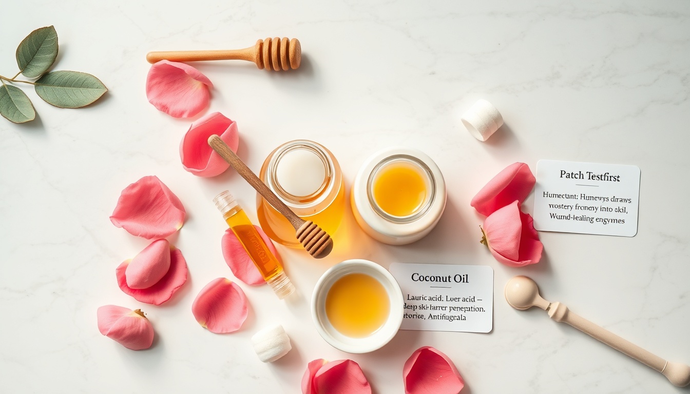 Honey and coconut oil natural skincare duo flat lay: raw honey jar, virgin coconut oil, rose petals, jade roller, and mixing bowl showing their complementary humectant and barrier-repair skin benefits