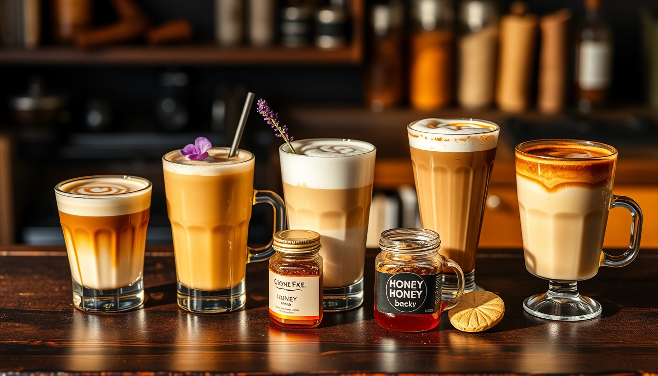 Five artisan honey coffee drinks including honey cinnamon latte, iced lavender cold brew, and honey ginger americano on a café counter