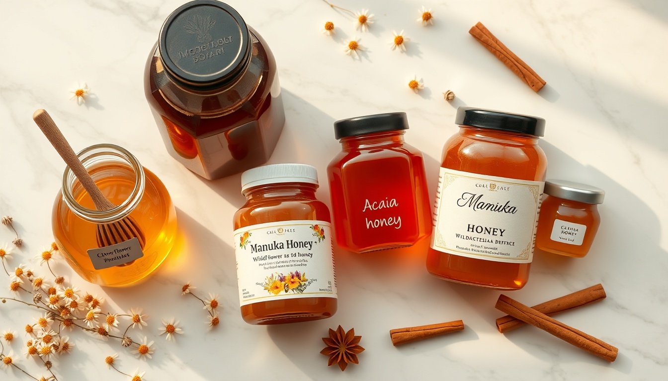 Five honey varieties best for colds and flu — buckwheat, Manuka, wildflower, clover, and acacia — arranged on white marble