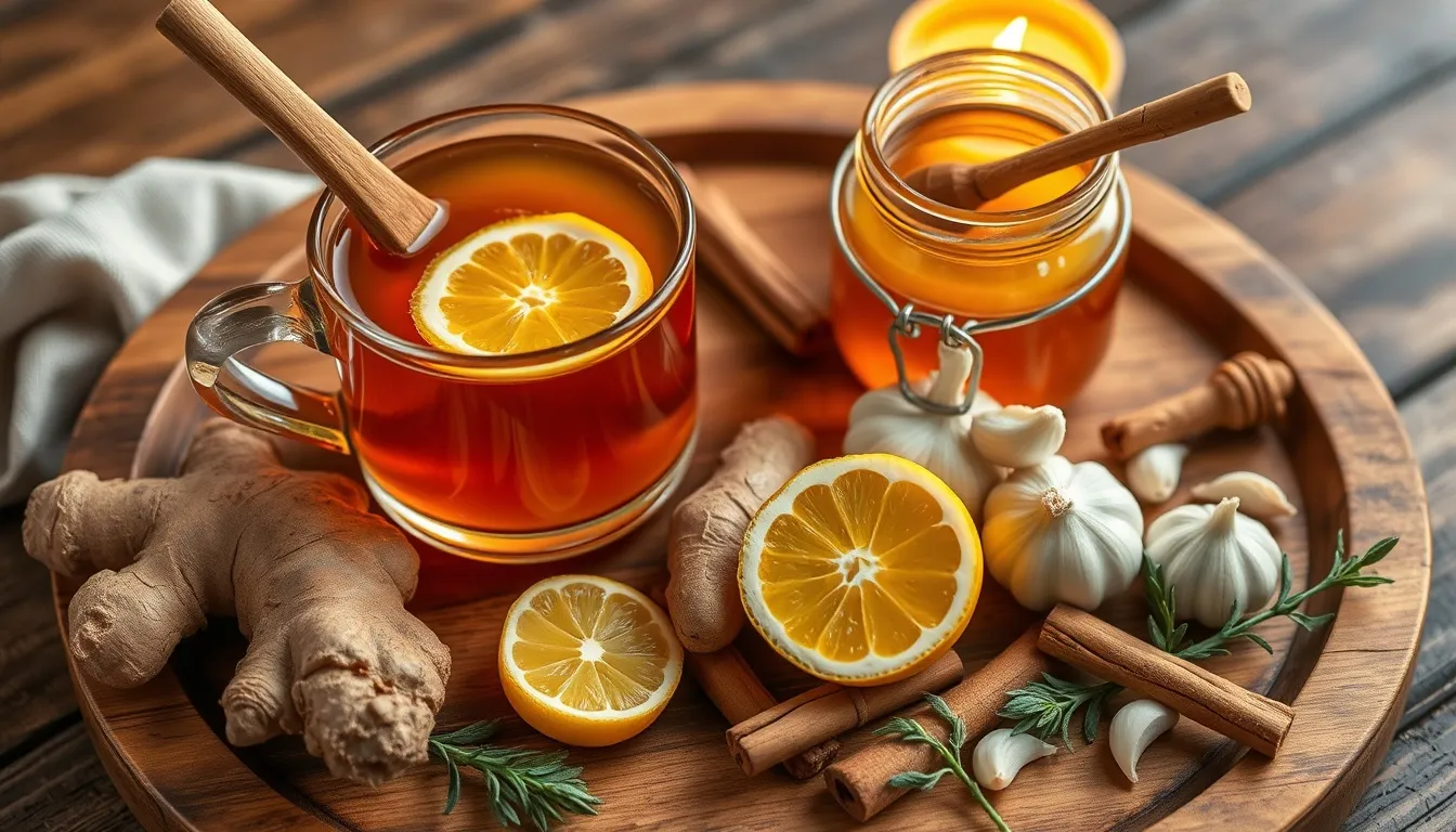 Cozy honey cold and flu remedies tray: steaming honey-lemon-ginger tea with fresh ginger, lemon, garlic, and cinnamon